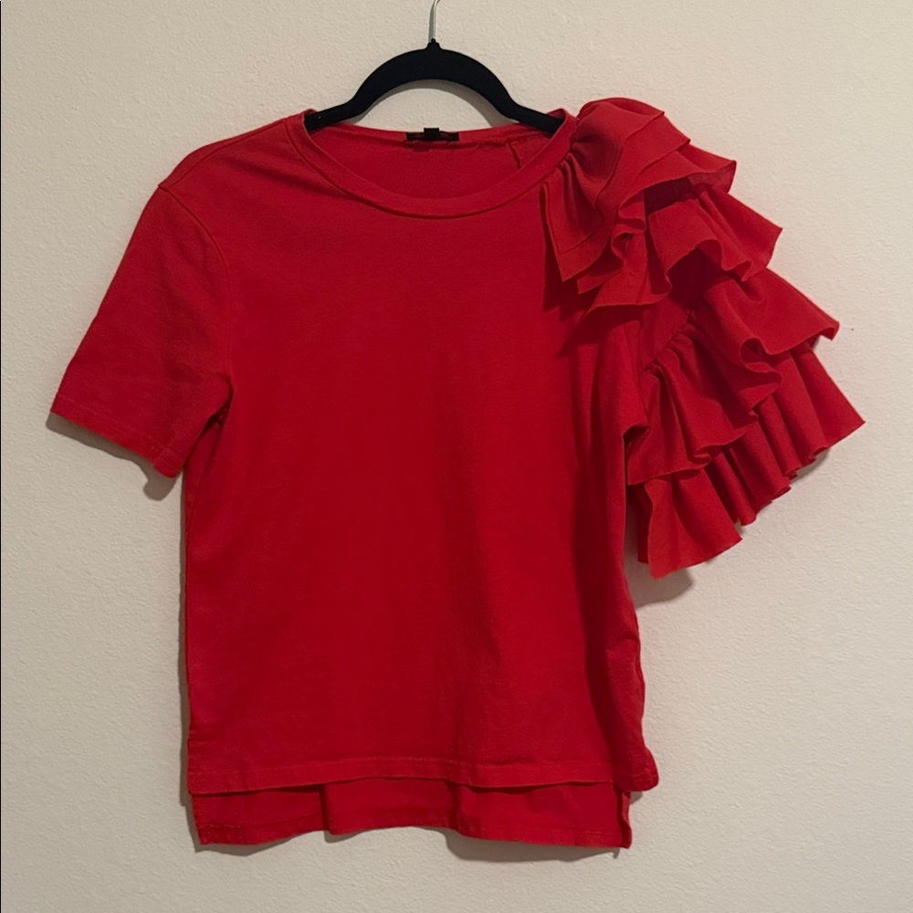 On Twelfth cherry red t-shirt with ruffle detail on the left sleeve
